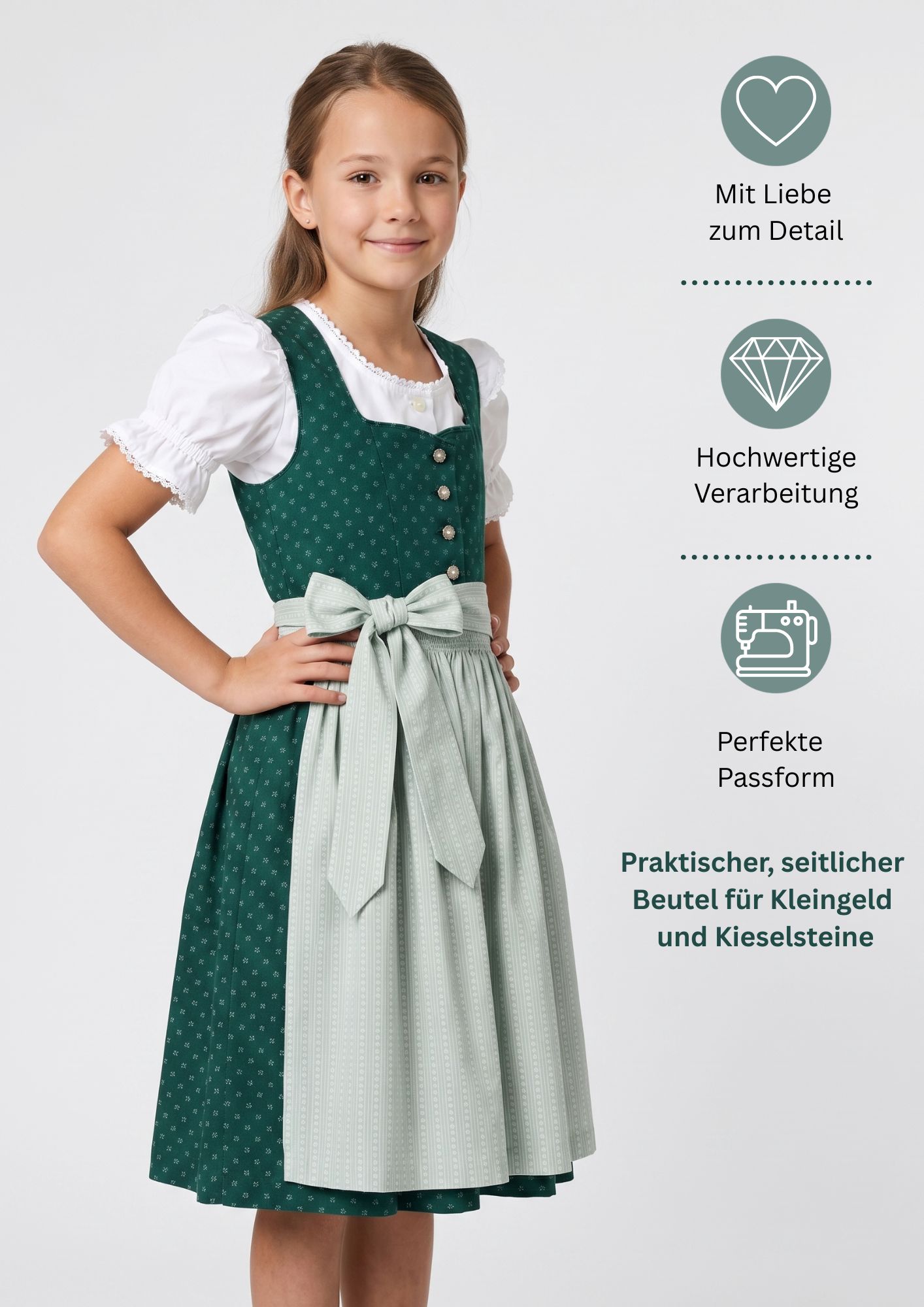 Kinderdirndl Fabia in Tanne-Mint, 3-teiliges Set