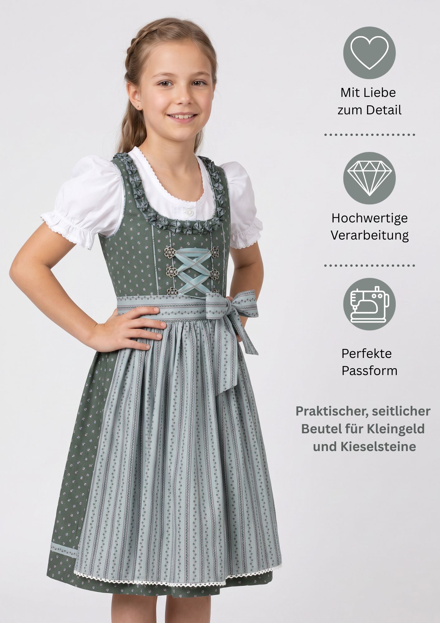 Kinderdirndl Nabila in Petrol, 3-teiliges Set
