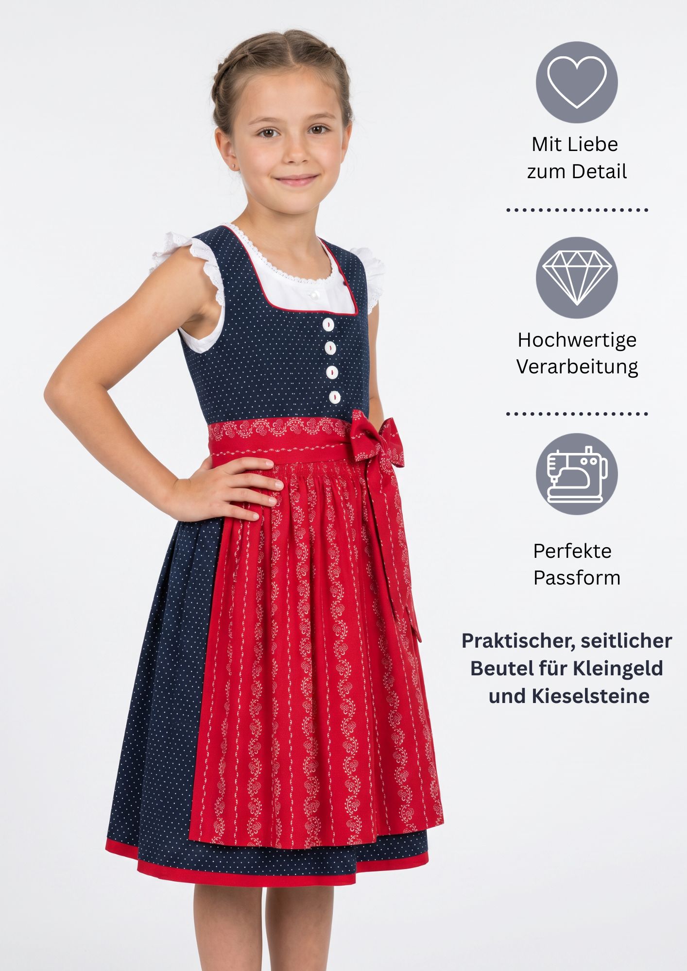 Kinderdirndl Worthersee in Blau Rot, 3-teiliges Set