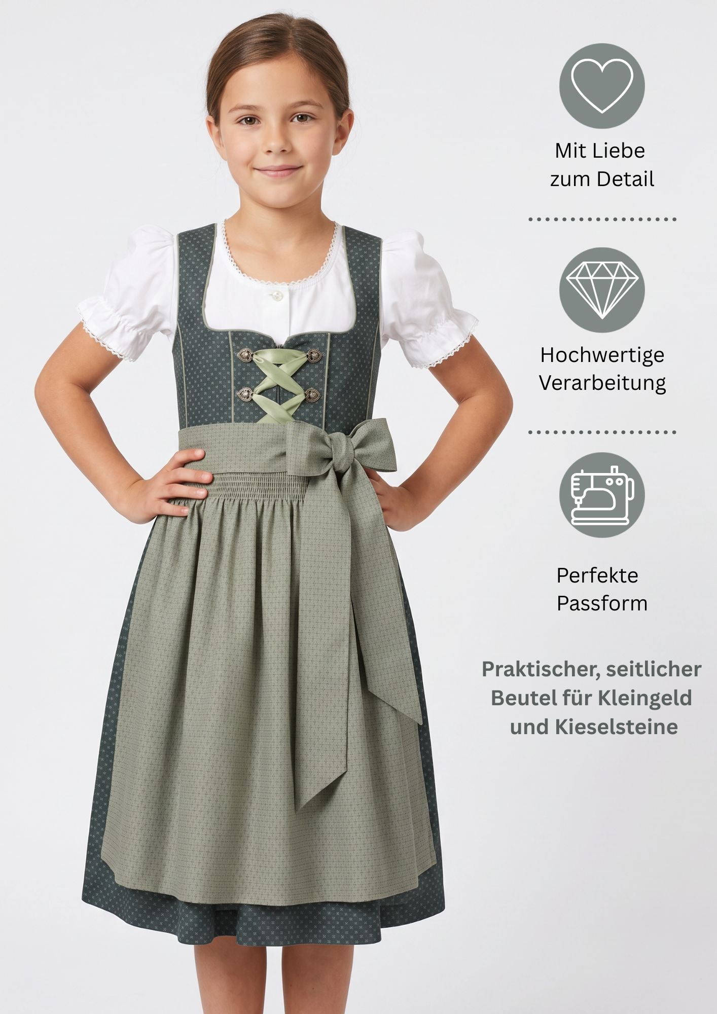 Kinderdirndl Petra in Grün, 3-teiliges Set