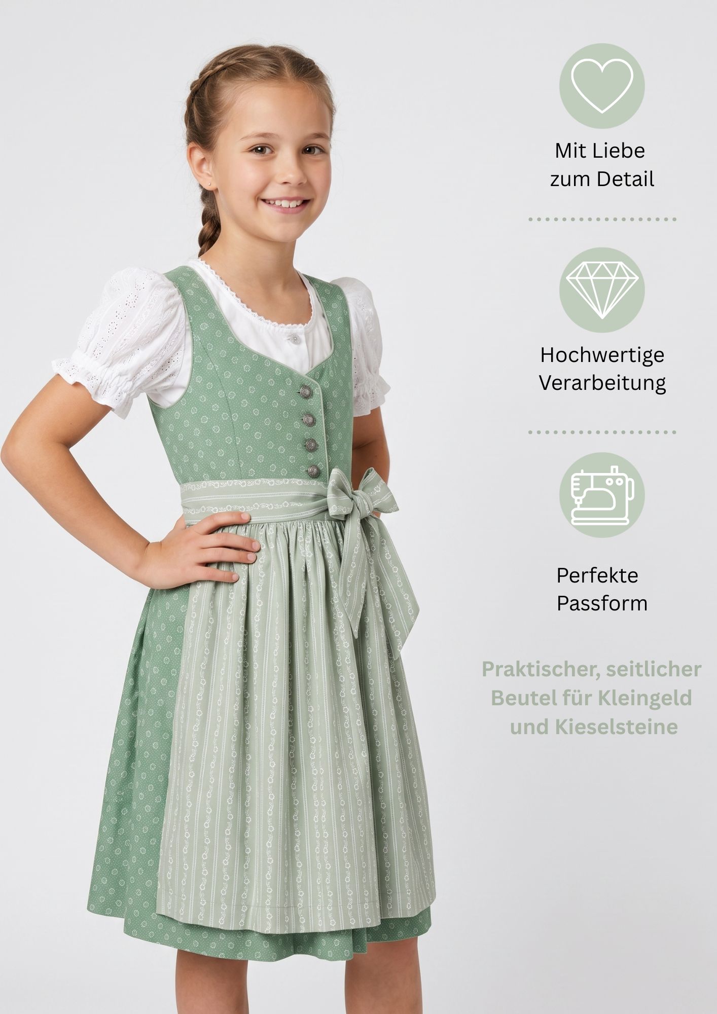 Kinderdirndl Flores in Almgrün, 3-teiliges Set