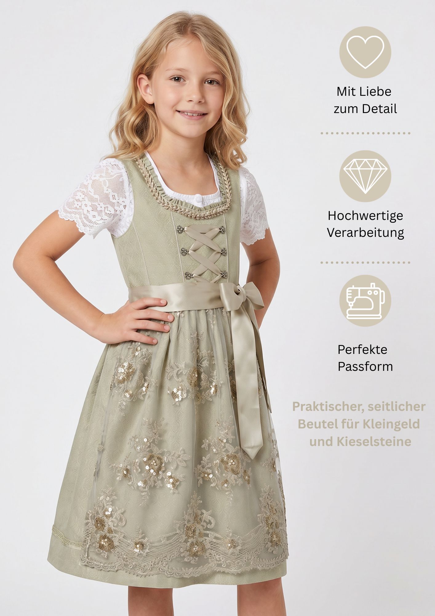 Kinderdirndl Gerhild in Kiwigrün, 3-teiliges Set