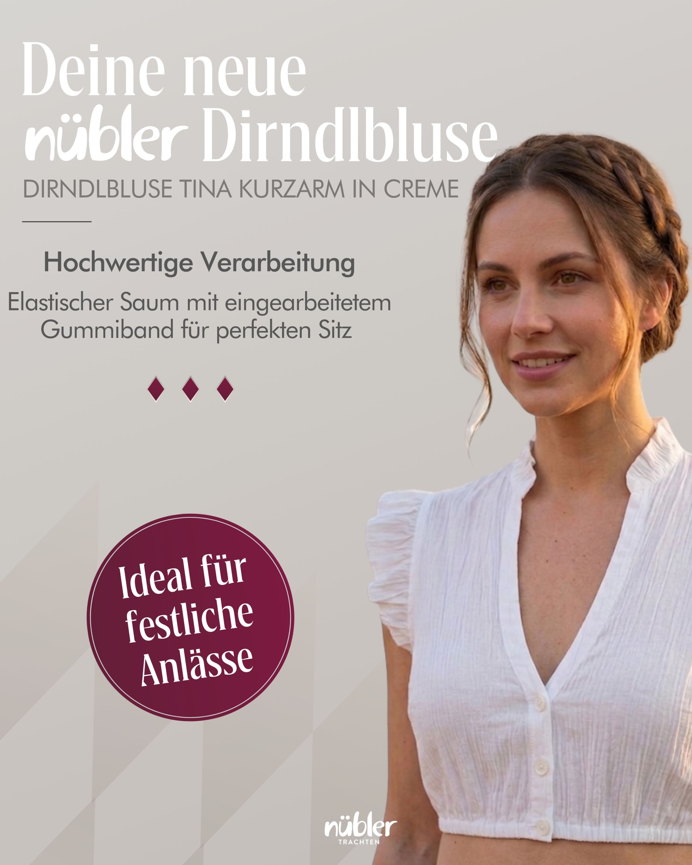 Dirndlbluse Tina Kurzarm in Creme von Nübler