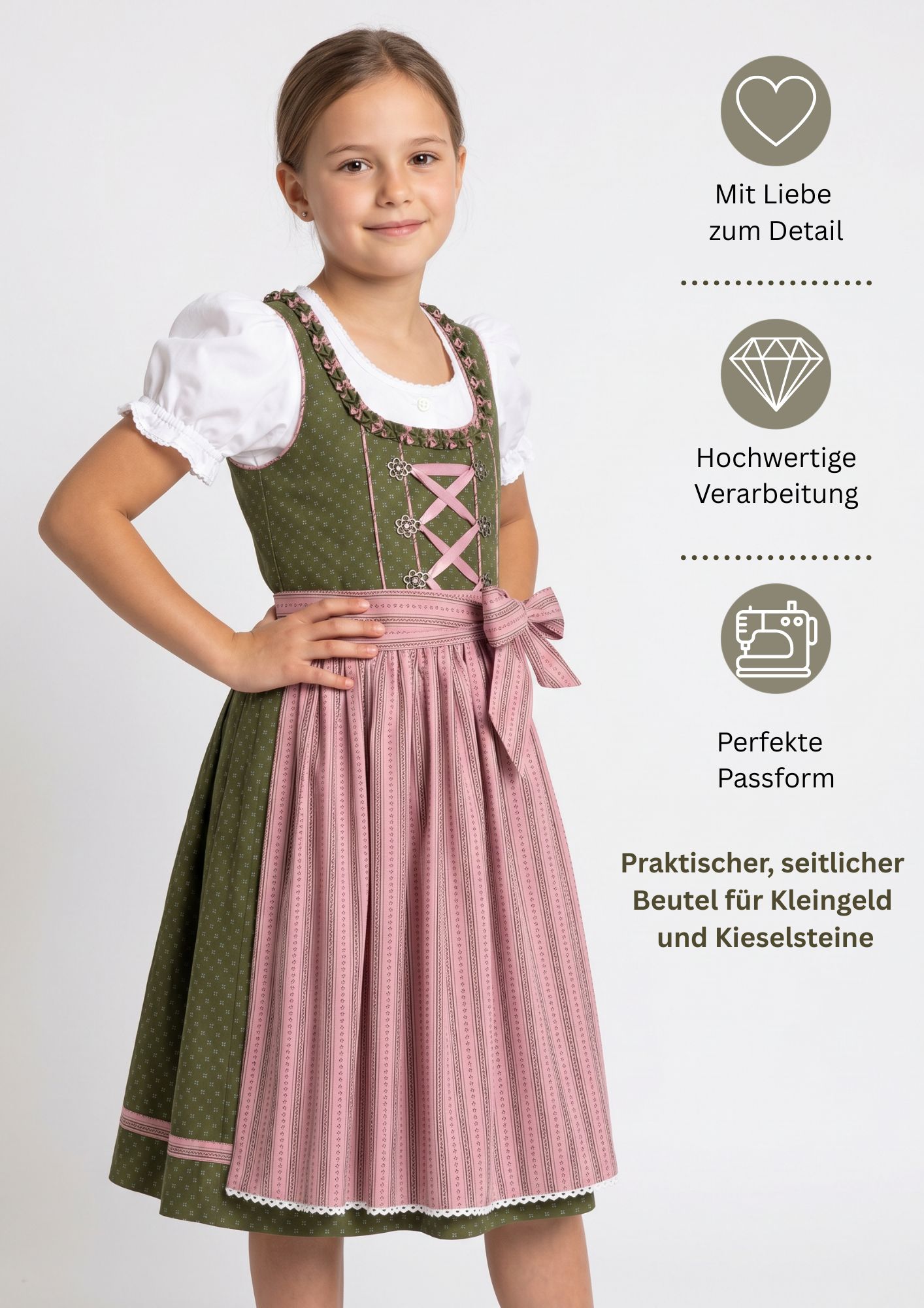 Kinderdirndl Nabilia in Grün, 3-teiliges Set