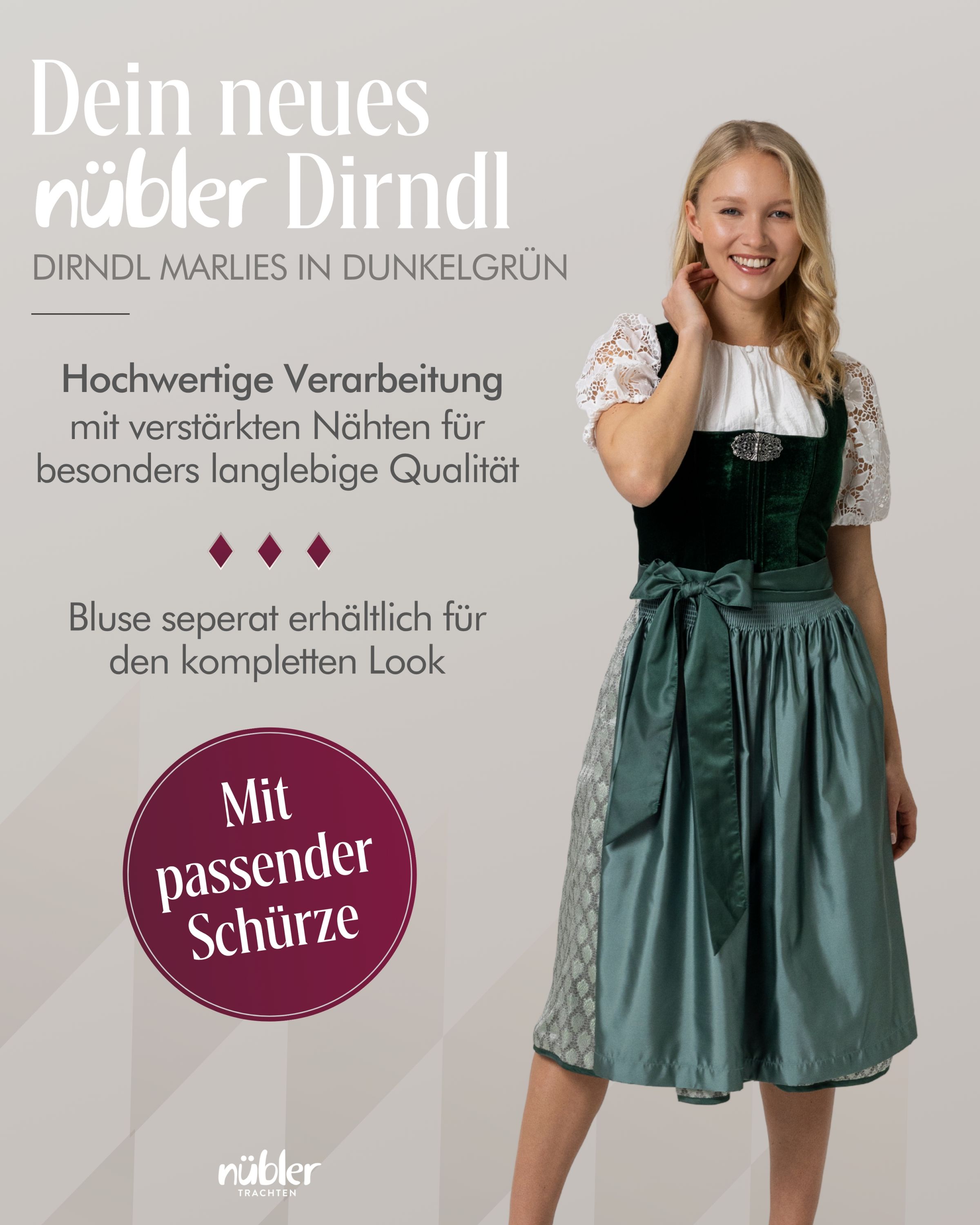 Midi Dirndl Marlies in Dunkelgrün von Nübler
