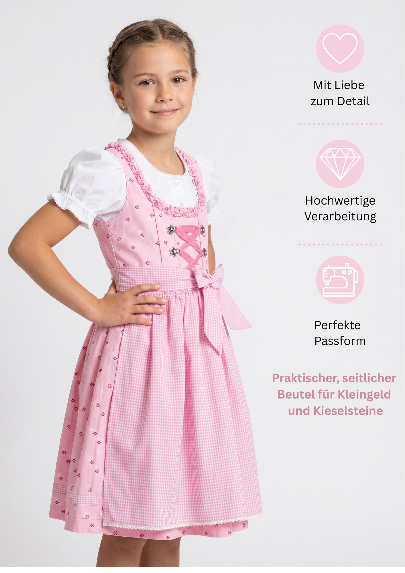 Kinderdirndl Linda in Rosa, 3-teiliges Set
