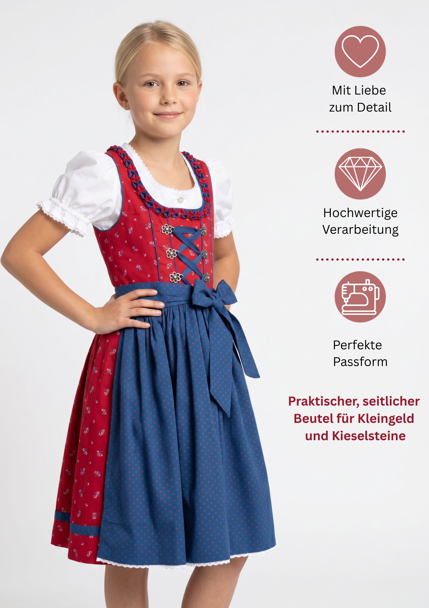 Kinderdirndl Emilia in Rot Blau, 3-teiliges Set