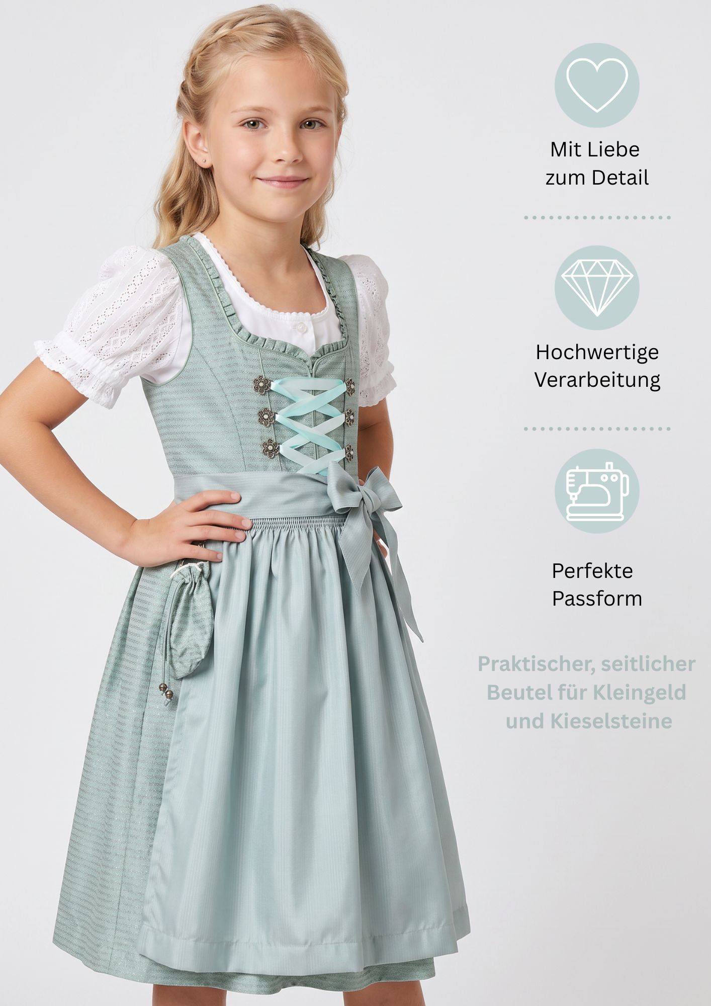 Kinderdirndl Gabrina in Grün, 3-teiliges Set