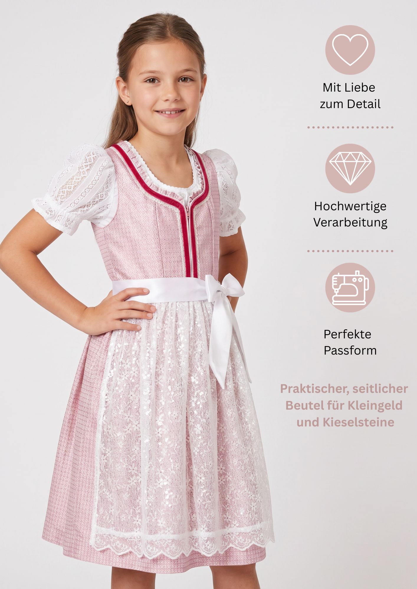 Kinderdirndl Lina in Rosa, 3-teiliges Set
