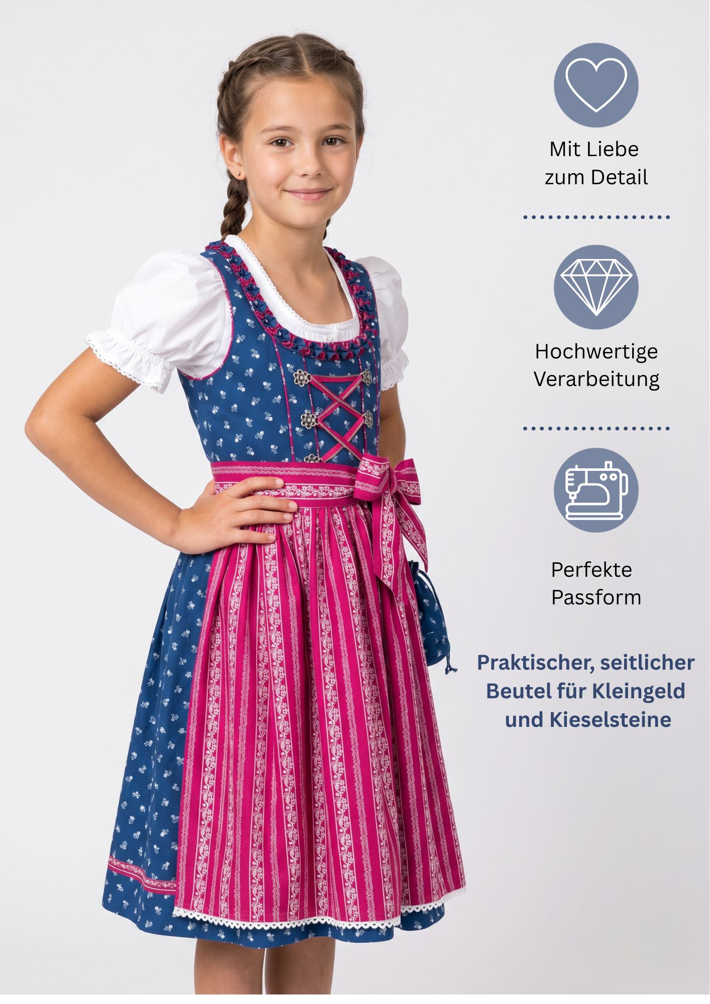 Kinderdirndl Demi in Dunkelblau, 3-teiliges Set