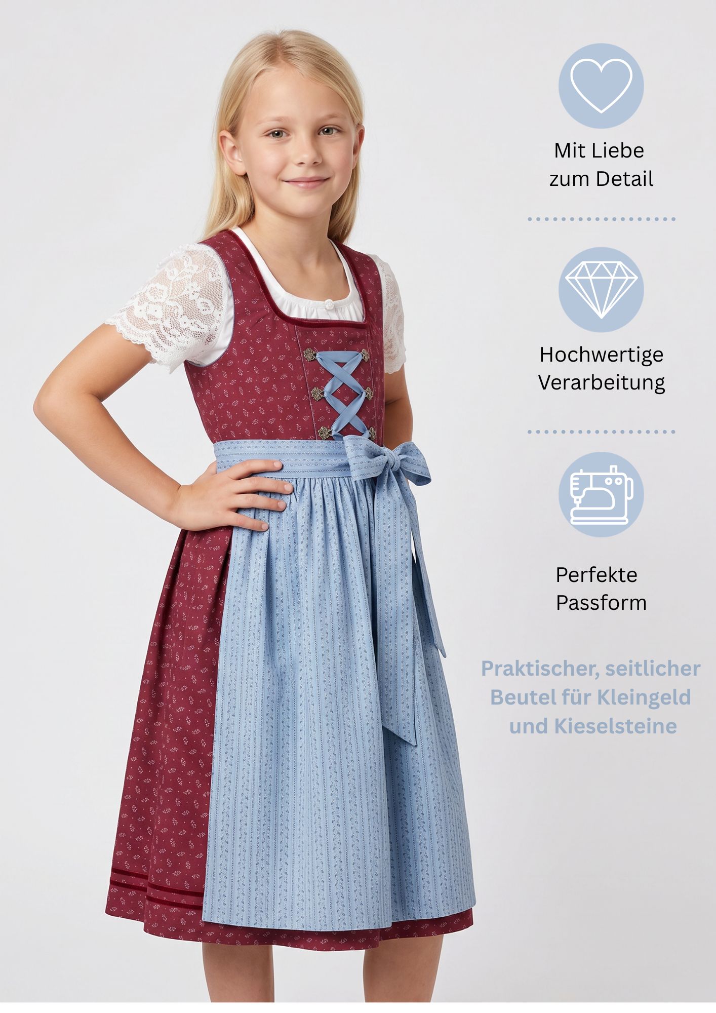 Kinderdirndl Gesr in Rot Blau, 3-teiliges Set