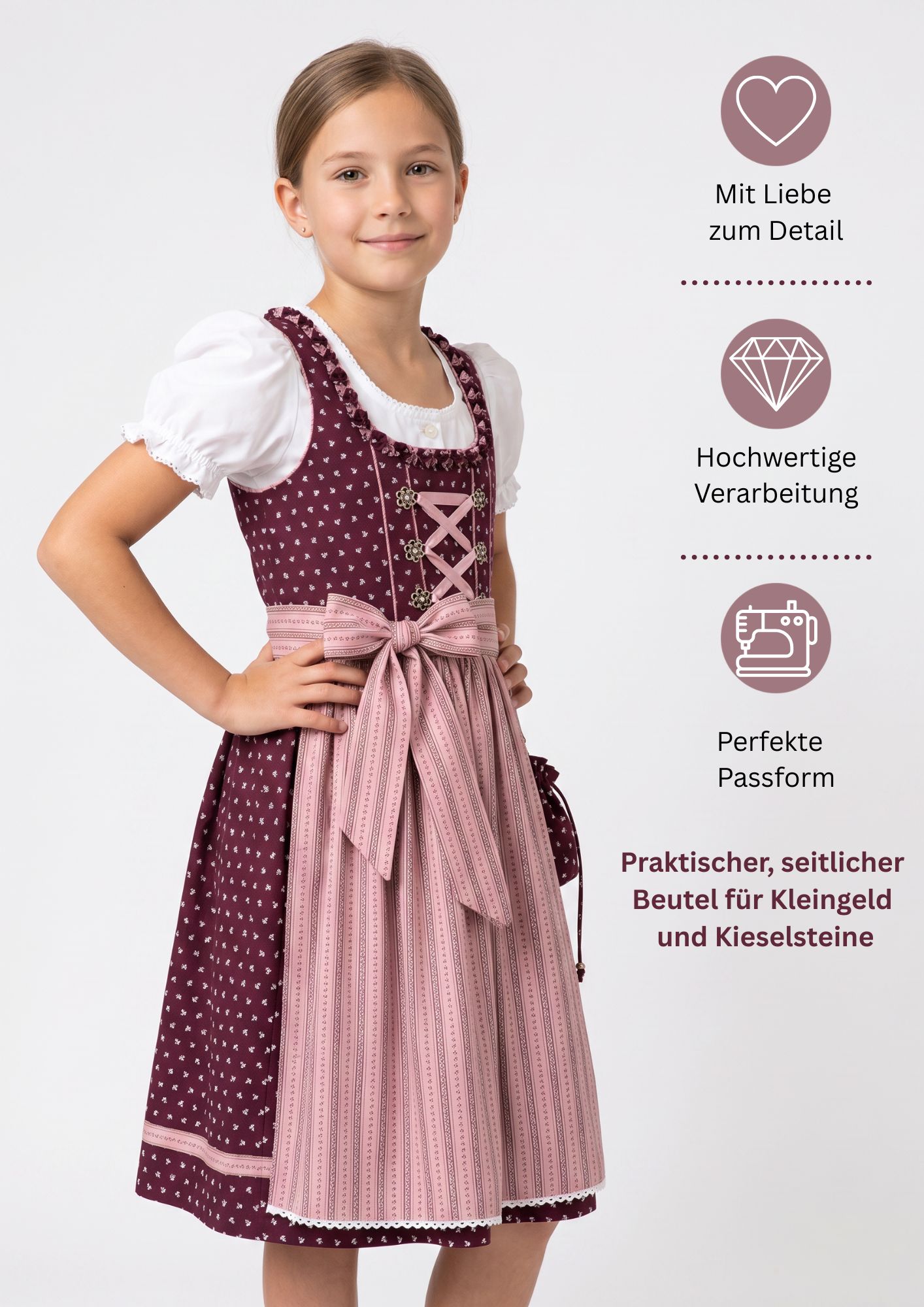 Kinderdirndl Nabilia in Weinrot, 3-teiliges Set