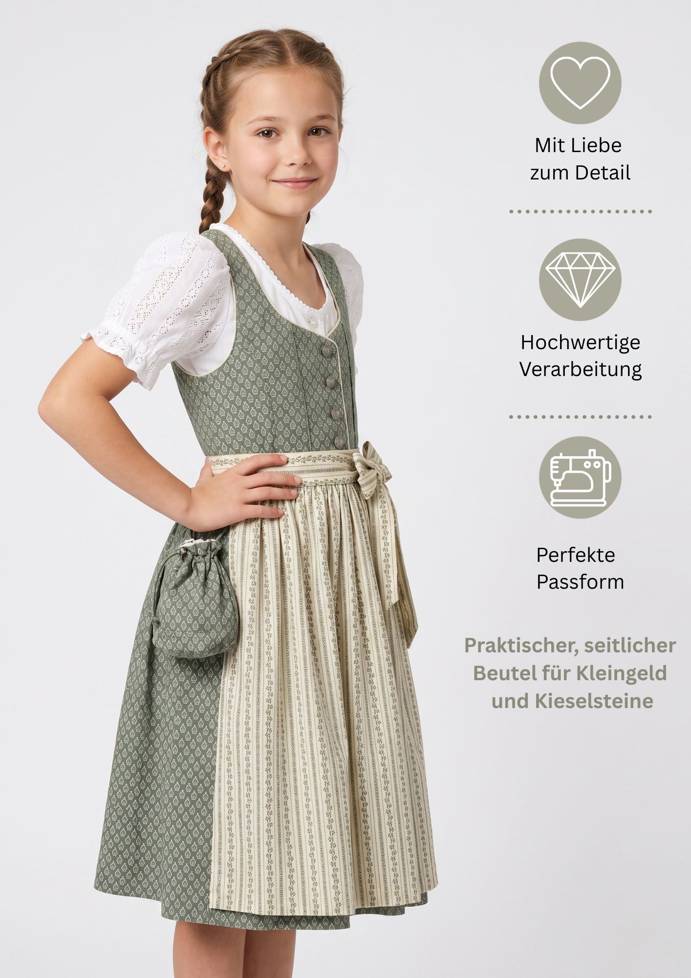 Kinderdirndl Fredericke in Salbei, 3-teiliges Set