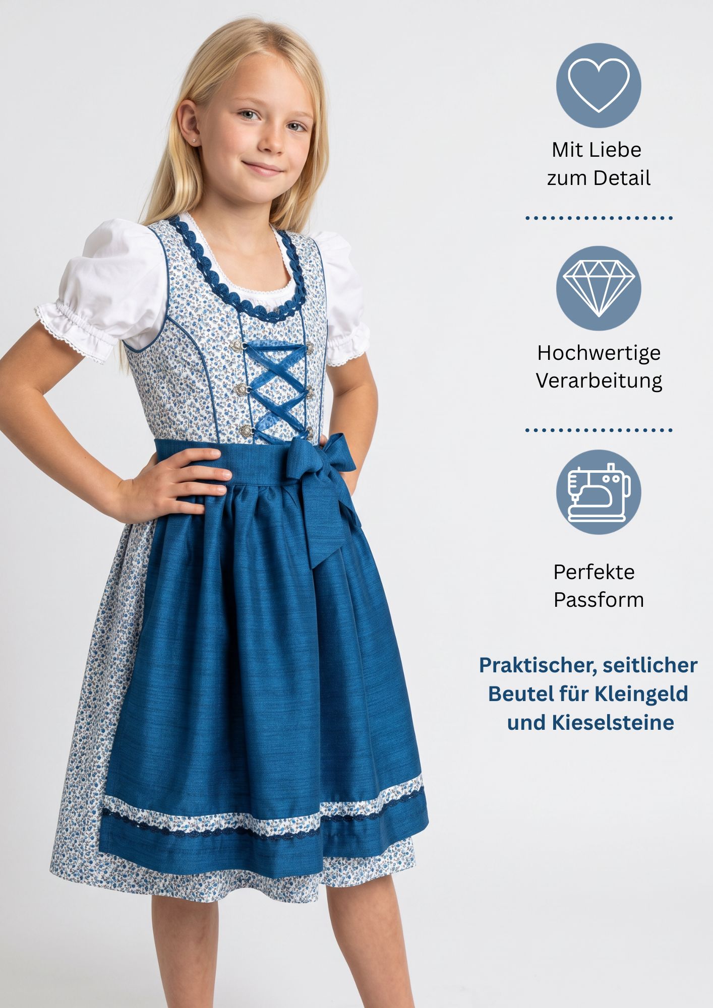 Kinderdirndl Doris in Blau, 3-teiliges Set mit Bluse